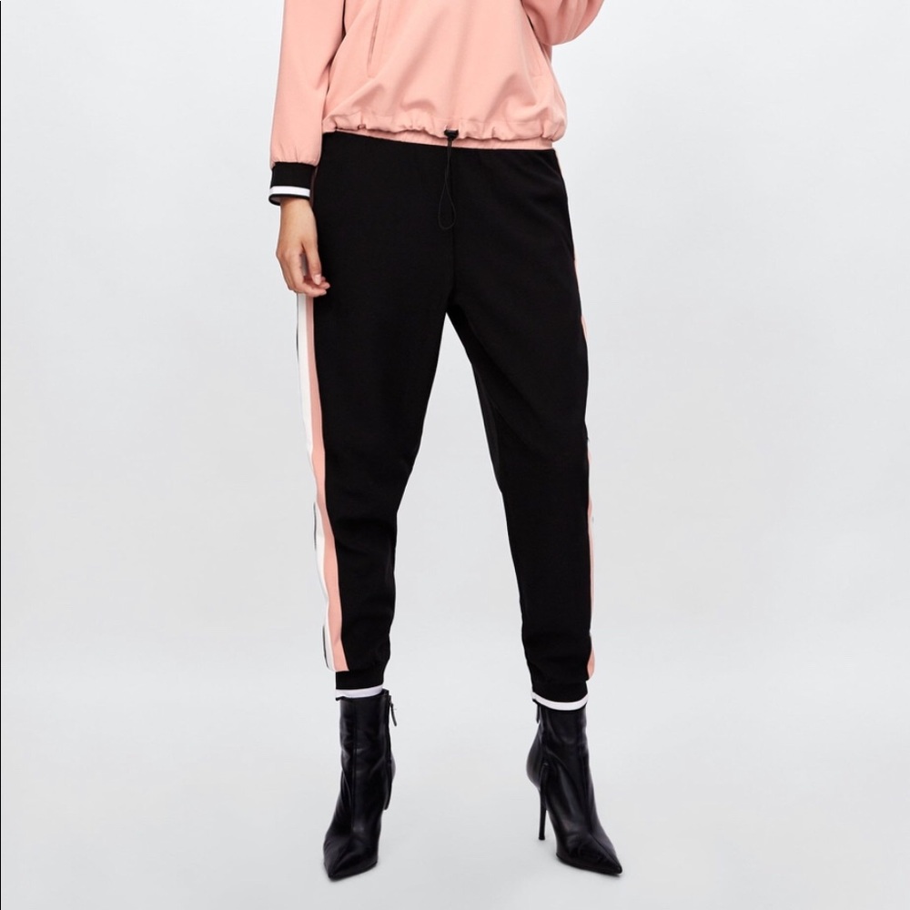 Black Joggers with pink and white stripe